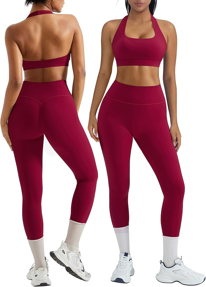 OMKAGI 2 Piece Workout Sets for Women Halter Sports Bras Gym Sets Booty Leggings Outfits | Amazon (US)