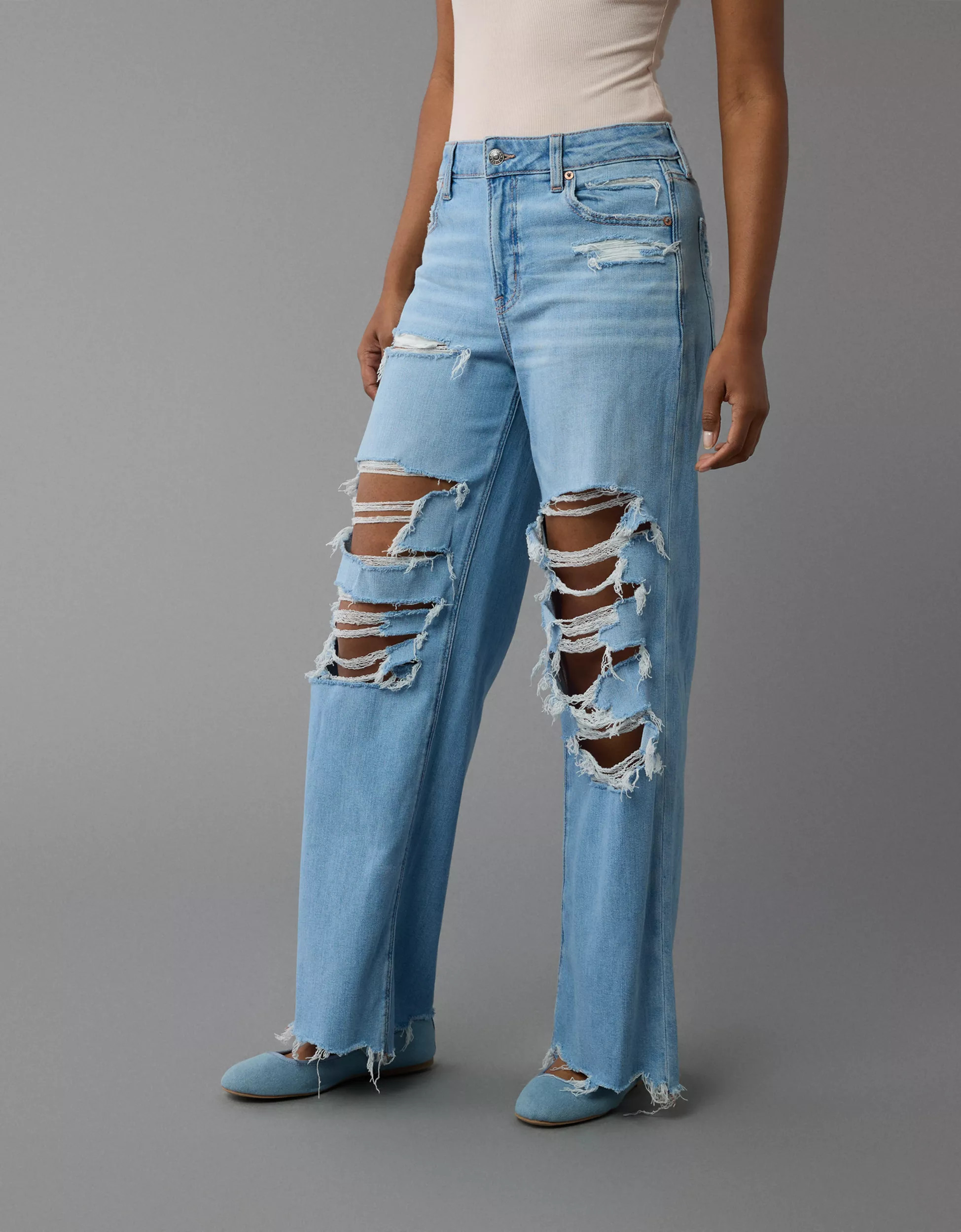 AE Dreamy Drape Stretch Ripped Super High-Waisted Baggy Wide-Leg Jean | American Eagle Outfitters (US & CA)