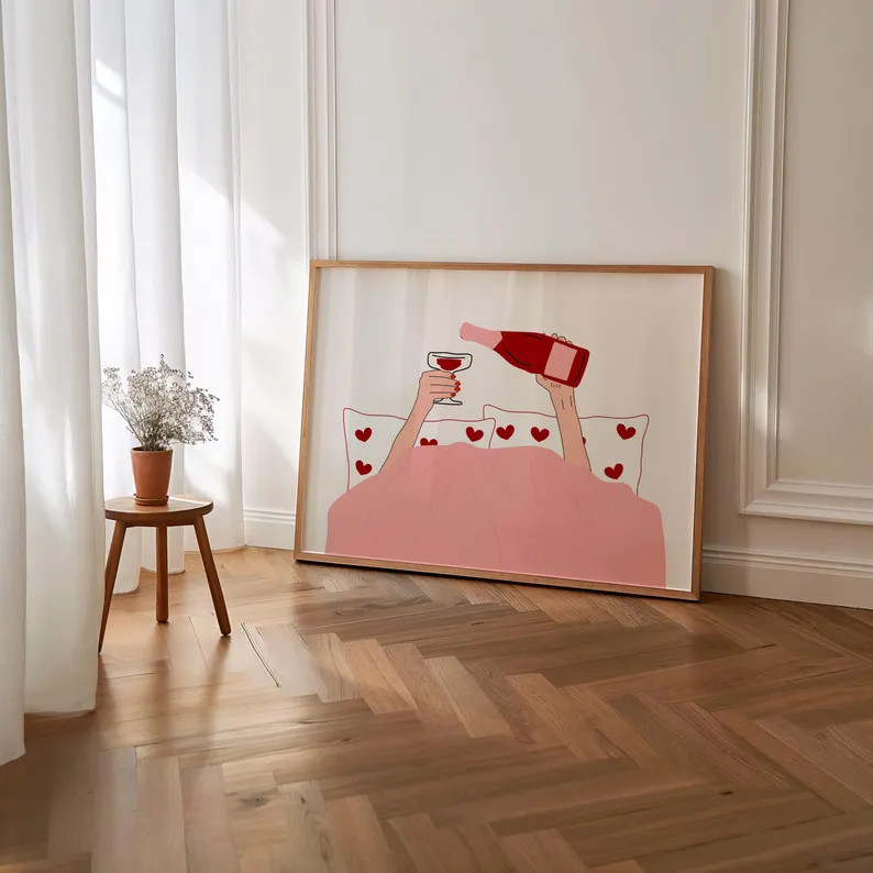 Wine in Bed Print, Above Bed Wall Print, Stay in Bed Pink Print, Aesthetic Bedroom Poster, Girly ... | Etsy (US)