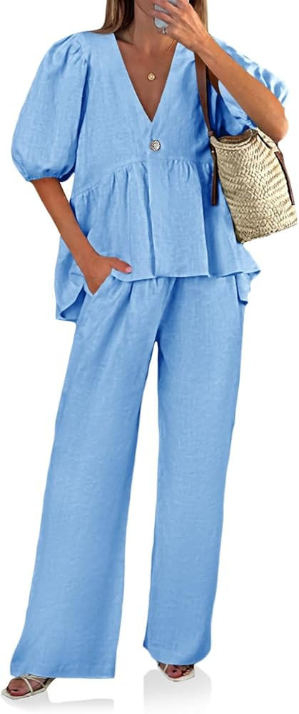 Tankaneo Womens 2 Piece Linen Sets Summer Vacation Outfits V Neck Puff Sleeve Babydoll Tops Wide ... | Amazon (US)