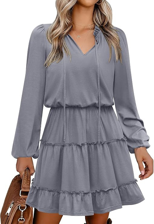 Caracilia Long Sleeve Dress for Women Fall 2026 Casual V Neck High Waist Tiered Ruffle Aline Swin... | Amazon (US)