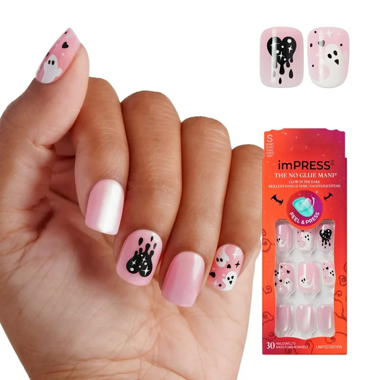 KISS imPRESS Halloween Press On Nails, ‘Cheeky’, Pink, Short Squoval, 30 Count | Walmart (US)