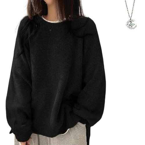 Womens Drop Shoulder Split Hem Sweater, Women's Crewneck Sweaters Fall Slouchy Long Sleeve Knit Side Slit Pullover (Large,Black) | Amazon (US)