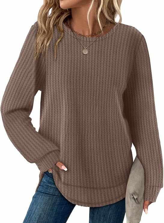 WIHOLL Womens Waffle Knit Tunic Tops Fall Long Sleeve Shirts Curved Hem | Crewneck,Loose Fit,Fash... | Amazon (US)