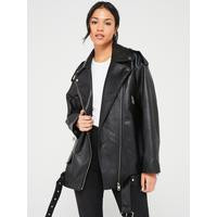 Faux Leather Longline Biker Jacket - Black | Very (UK)