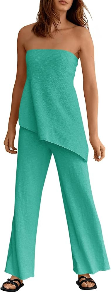 Tankaneo Womens 2 Piece Outfits Asymmetrical Tube Top Wide Leg Pants Knit Vacation Travel 2025 Ma... | Amazon (US)