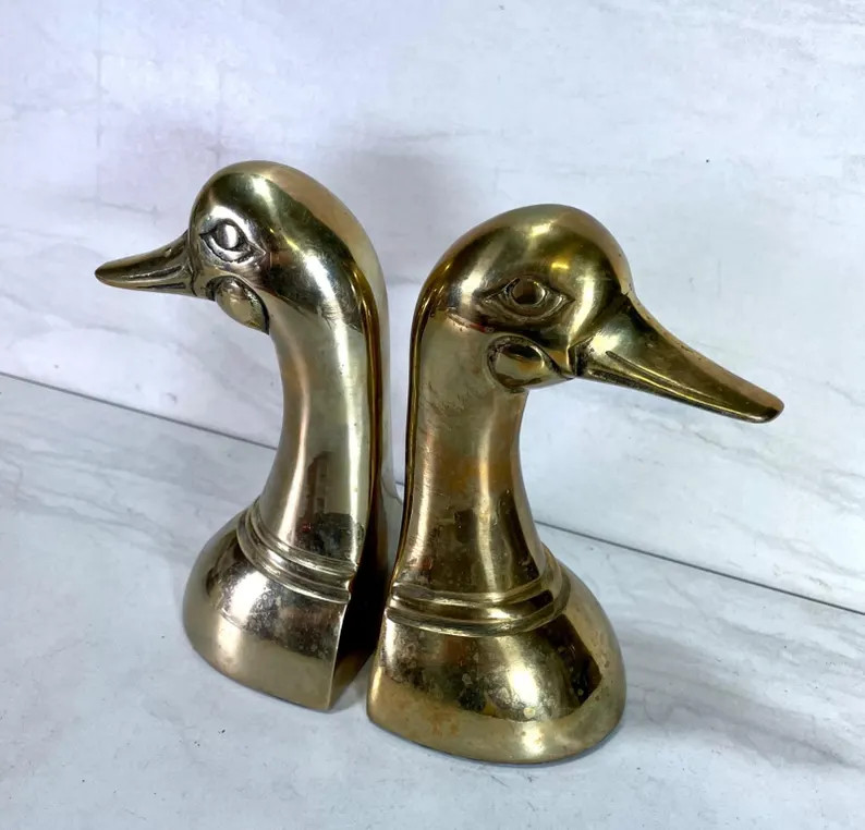 Vintage Mallard Brass Duck Head Bookends, MCM Lacquered Brass | Etsy (US)