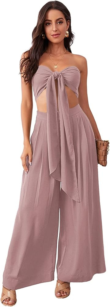 SweatyRocks Women's 2 Piece Sexy Outfits Sleeveless Tie Front Crop Top Wide Leg Pants Set | Amazon (US)