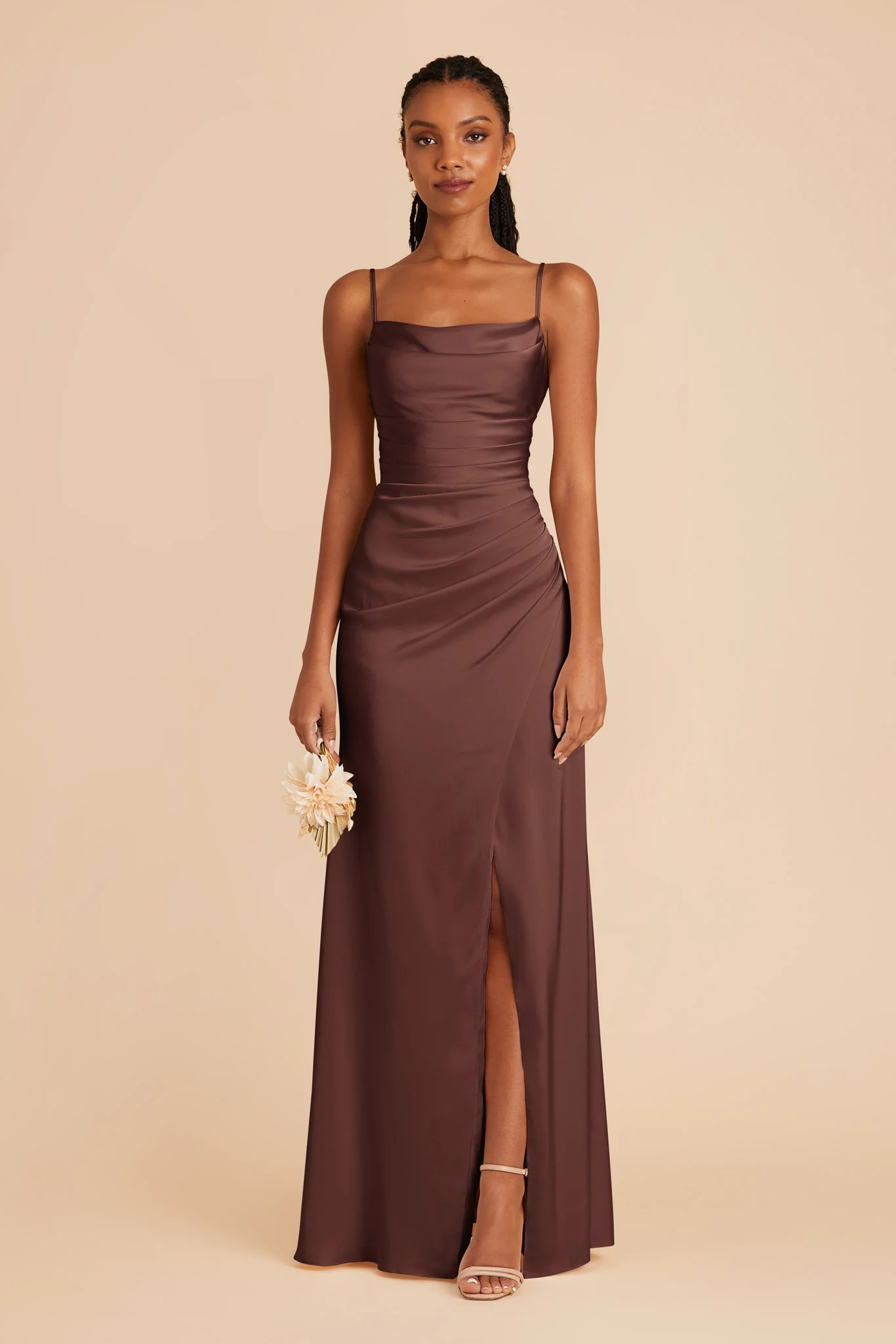 Lydia Chocolate Brown Cowl Neck Matte Satin Bridesmaid Dress | Birdy Grey | Birdy Grey
