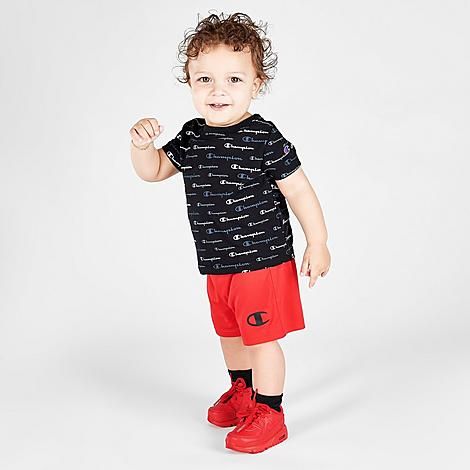 Champion Boys' Infant Allover Print Script Multi-Color Shorts and T-Shirt Set in Black/Black Size 12 | Finish Line (US)