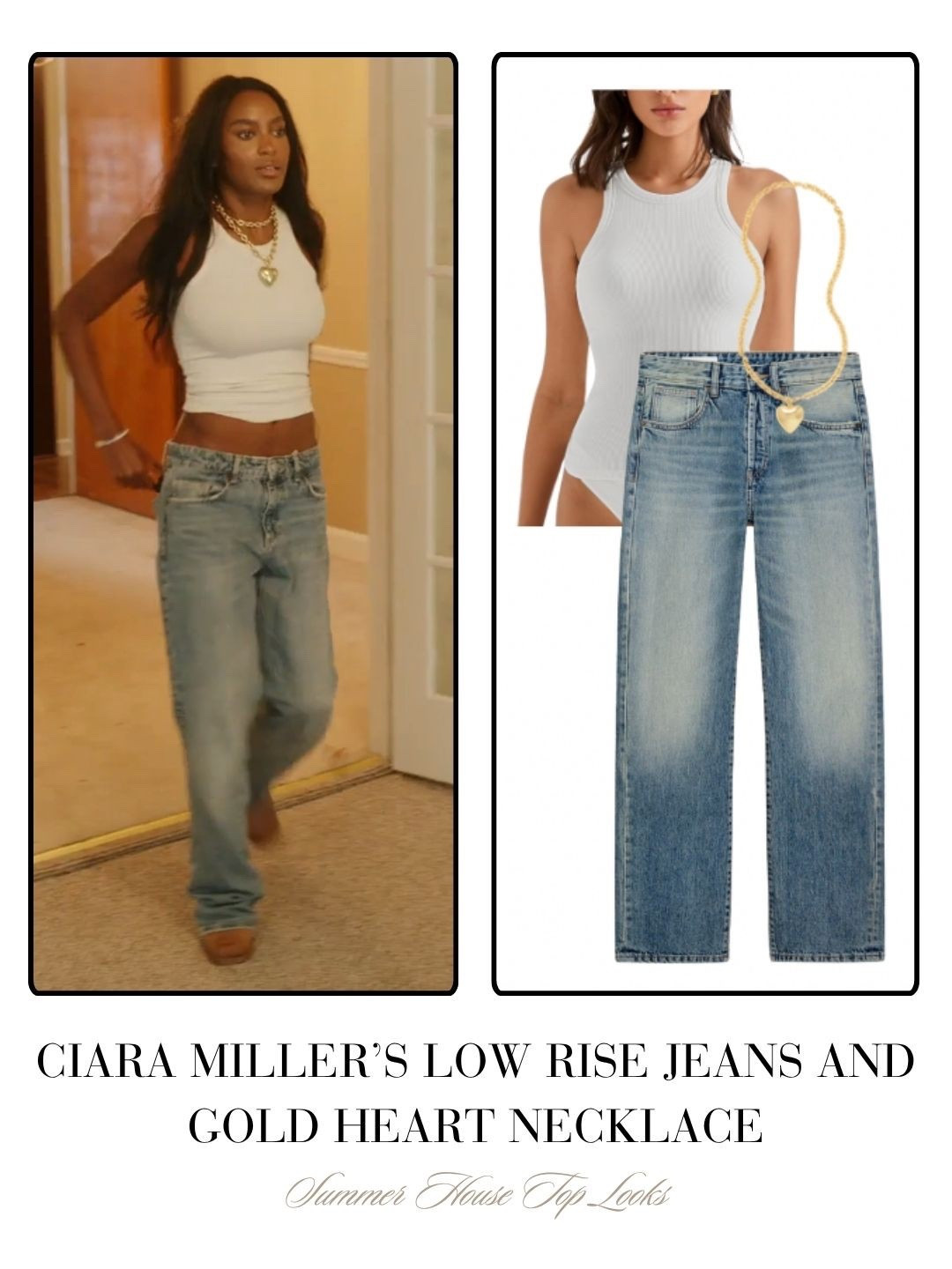 Ciara Miller’s Low Rise Jeans and Gold Heart Necklace 