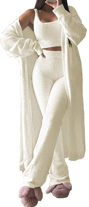 Pink Wind Women's Fuzzy 3 Piece Sweatsuit Open Front Cardigan Crop Top Wide Legs Pants Loungewear... | Amazon (US)