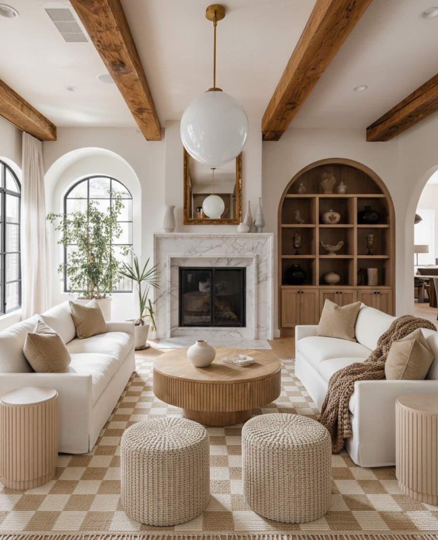 A light and cozy modern farmhouse living room designed with warmth and balance in mind. Exposed wood ceiling beams and arched windows frame the space with character, while a white marble fireplace surround brings an elevated focal point. The fluted wood coffee table anchors the room atop a woven checkered jute rug, surrounded by ivory slipcovered sofas layered with linen throw pillows and a chunky knit blanket for texture. Accents like woven ottomans, ceramic vases, and arched oak display shelves add an organic touch. Overhead, a white glass globe pendant light with brass hardware ties the neutral palette together, offering a soft, inviting glow.

Shop the look:
Ivory sofas | Fluted wood coffee table | Marble fireplace surround | Woven checkered area rug | White globe pendant light | Woven ottomans | Arched oak shelving | Neutral throw pillows | Ceramic vases | Chunky knit throw | Gold framed mirror 

#LTKHome #LTKSaleAlert #LTKFindsUnder100