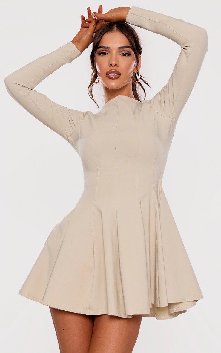 Stone Stretch Woven Boat Neck Long Sleeve Pleated Shift Dress | PrettyLittleThing US