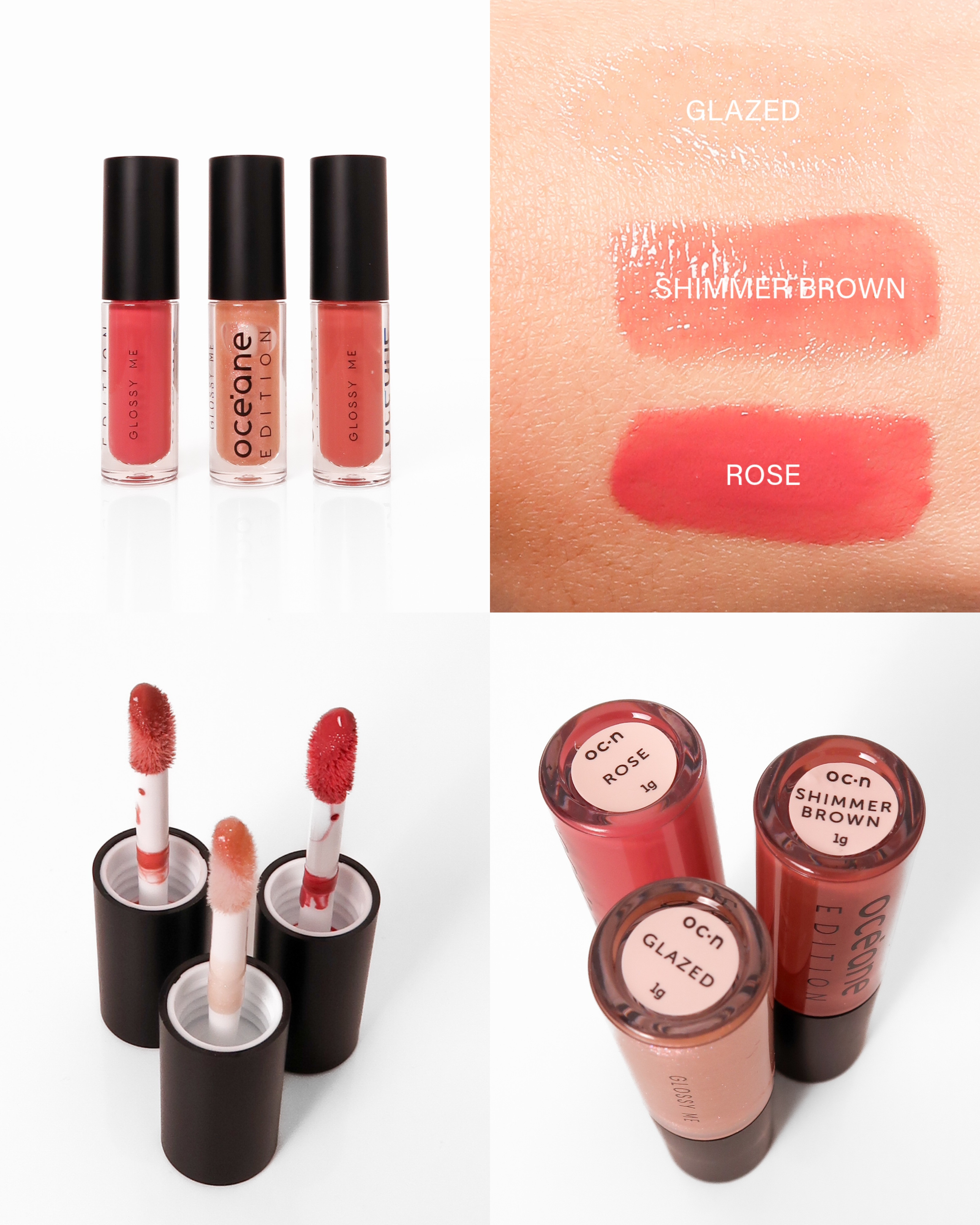 Océane Glossy Me - Brilho Labial: Glazed (transparente). Shimmer Brown (neutro). Rose (rosa claro). 

 #LTKbrasil #LTKbeleza
