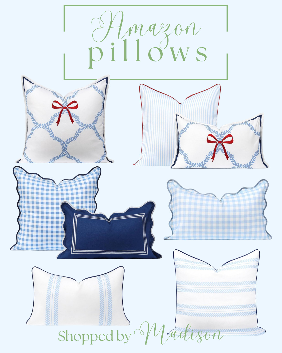 Amazon throw pillows, Hofdeco pillows, outdoor pillow covers, indoor pillow covers, grand millennial home decor, grand millennial style, blue and white decor, blue and green pillows, blue and pink throw pillows, girls room decor, toddler girl room ideas, bow pillow, scallop pillows 

 #LTKHome #LTKFindsUnder50 #LTKStyleTip