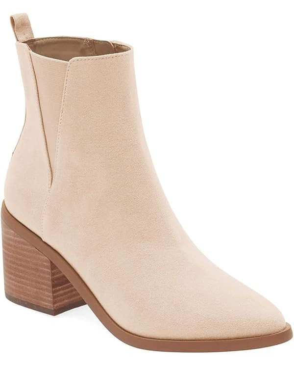 Coutgo Womens Pointed Toe Ankle Boots Chunky Block Stacked Heel Side Zipper Chelsea Fall Booties | Amazon (US)