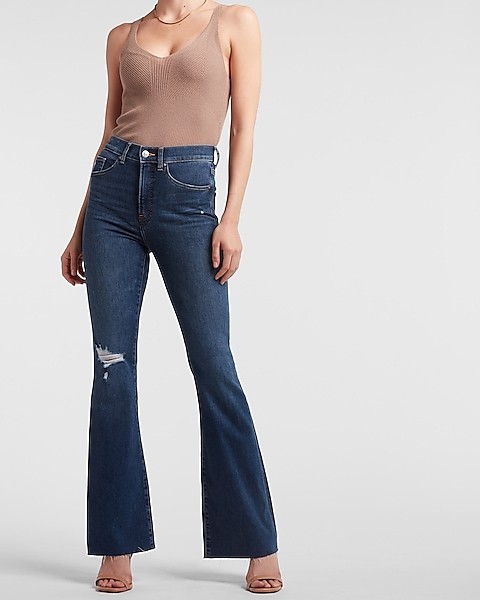 High Waisted Ripped Raw Hem Supersoft Flare Jeans | Express