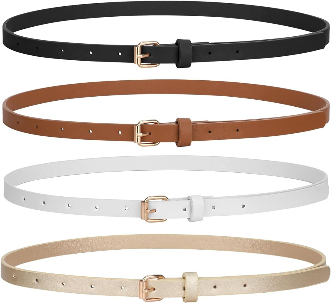 JASGOOD 4 Pack Skinny Women Leather Belt for Dresses Thin Waist Belt for Jeans Pants with Gold Bu... | Amazon (US)