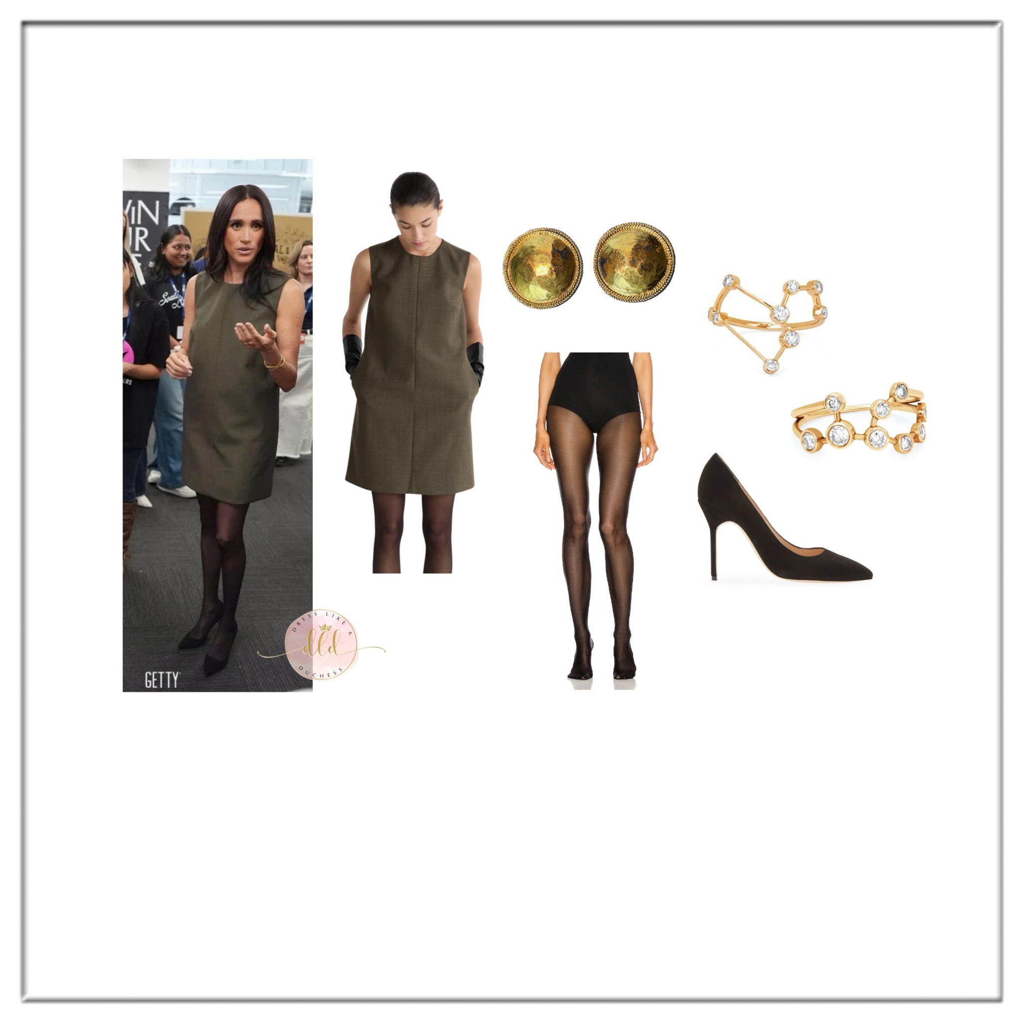 4/16/26 Meghan Markle at Swinburne University wearing Friends and Frank Anya dress + Wolford Neon 40 pantyhose 