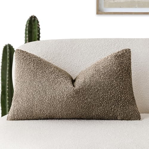 Foindtower Decorative Textured Boucle Throw Pillow Covers Accent Solid Lumbar Pillow Cases Neutral Soft Cozy Couch Cushion Case for Chair Sofa Bedroom Living Room Home Decor 12x20 Inch,1PC,Light Brown | Amazon (US)