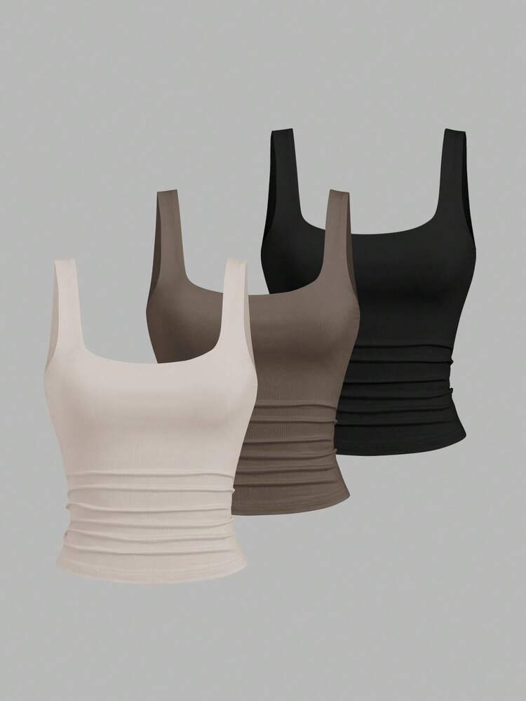 Sweetra Camiseta De Tirantes Casual Con Cuello De Escote Redondo Y Pliegues, Para Verano | SHEIN