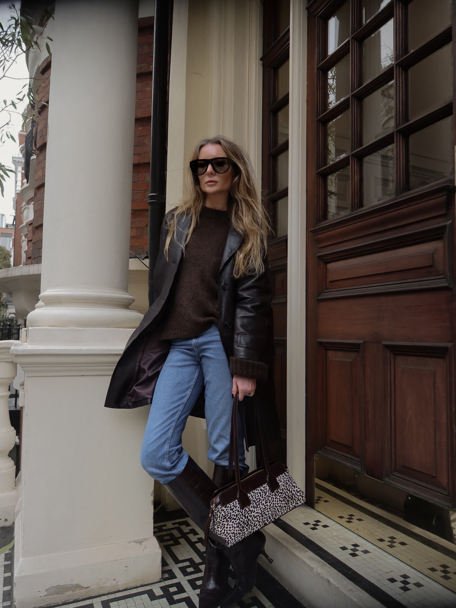 Slim jeans, straight leg jeans, knee high boots, brown boots, croc boots, leather coat, brown leather coat, winter coat, brown jumper, knitwear, brown knit, winter jumper, winter boots, H&M, animal print handbag 

#LTKshoes #LTKwinter #LTKluxury