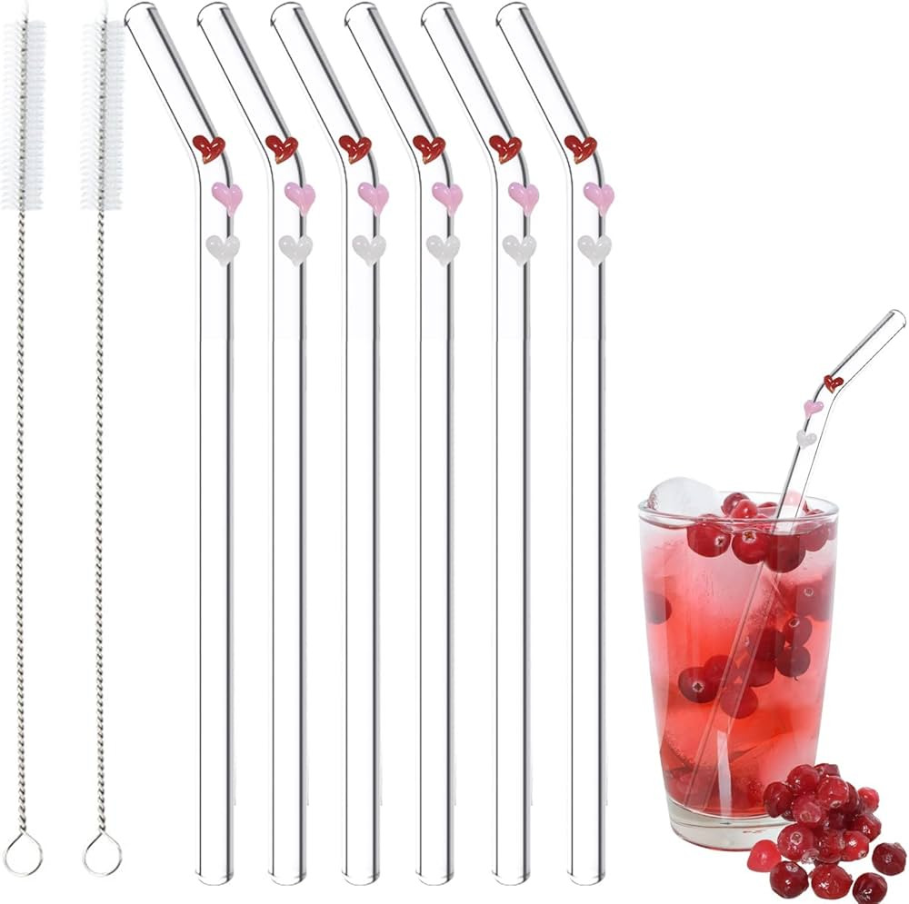 6 Pcs Reusable Glass Straws With Design,Colorful Heart on Clear Bent Straws 7.9in X 8mm Shatter R... | Amazon (US)