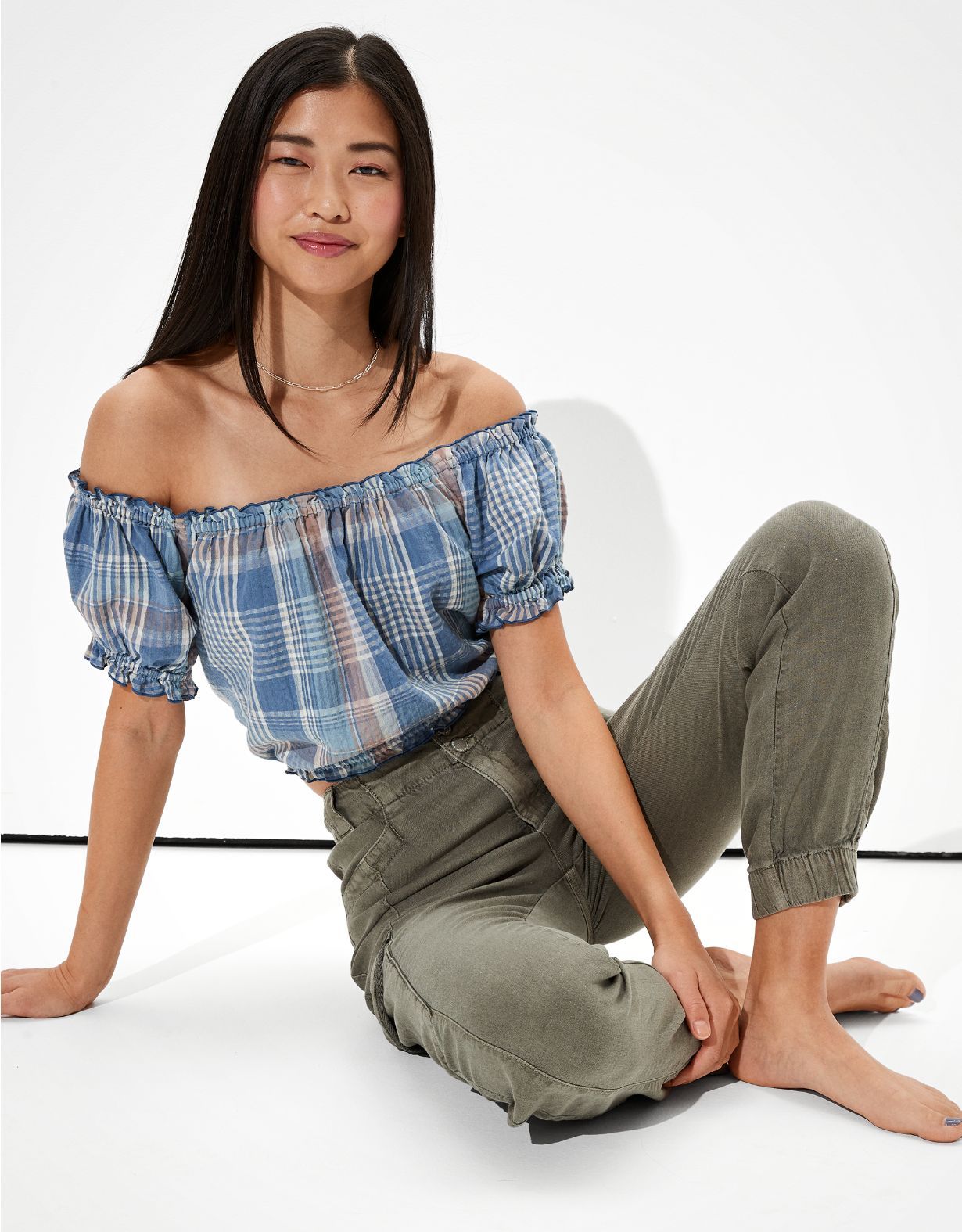AE Plaid Off-The-Shoulder Puff-Sleeve Top | American Eagle Outfitters (US & CA)