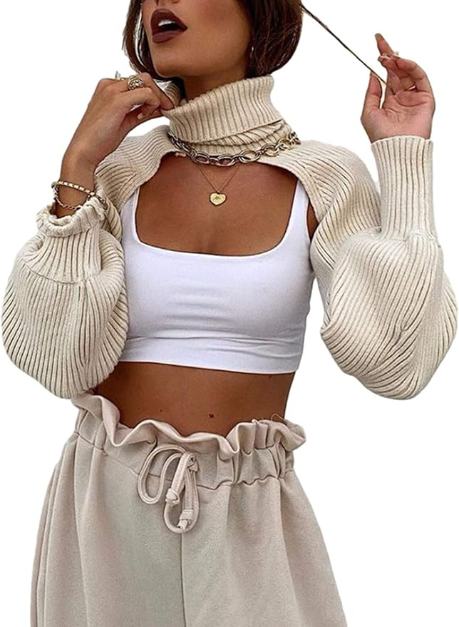 UANEO Womens Super Cropped Sweater Turtleneck Long Sleeve Bolero Shrug | Amazon (US)