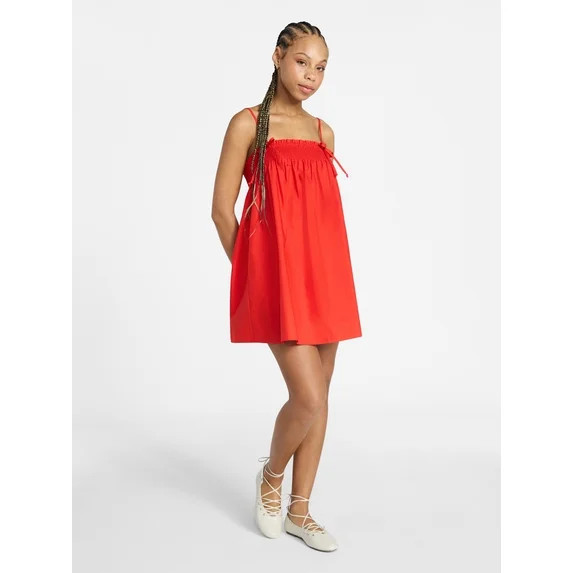 No Boundaries Cotton Poplin Smocked Mini Dress with Tie Straps, Women's XXS-XXL | Walmart (US)