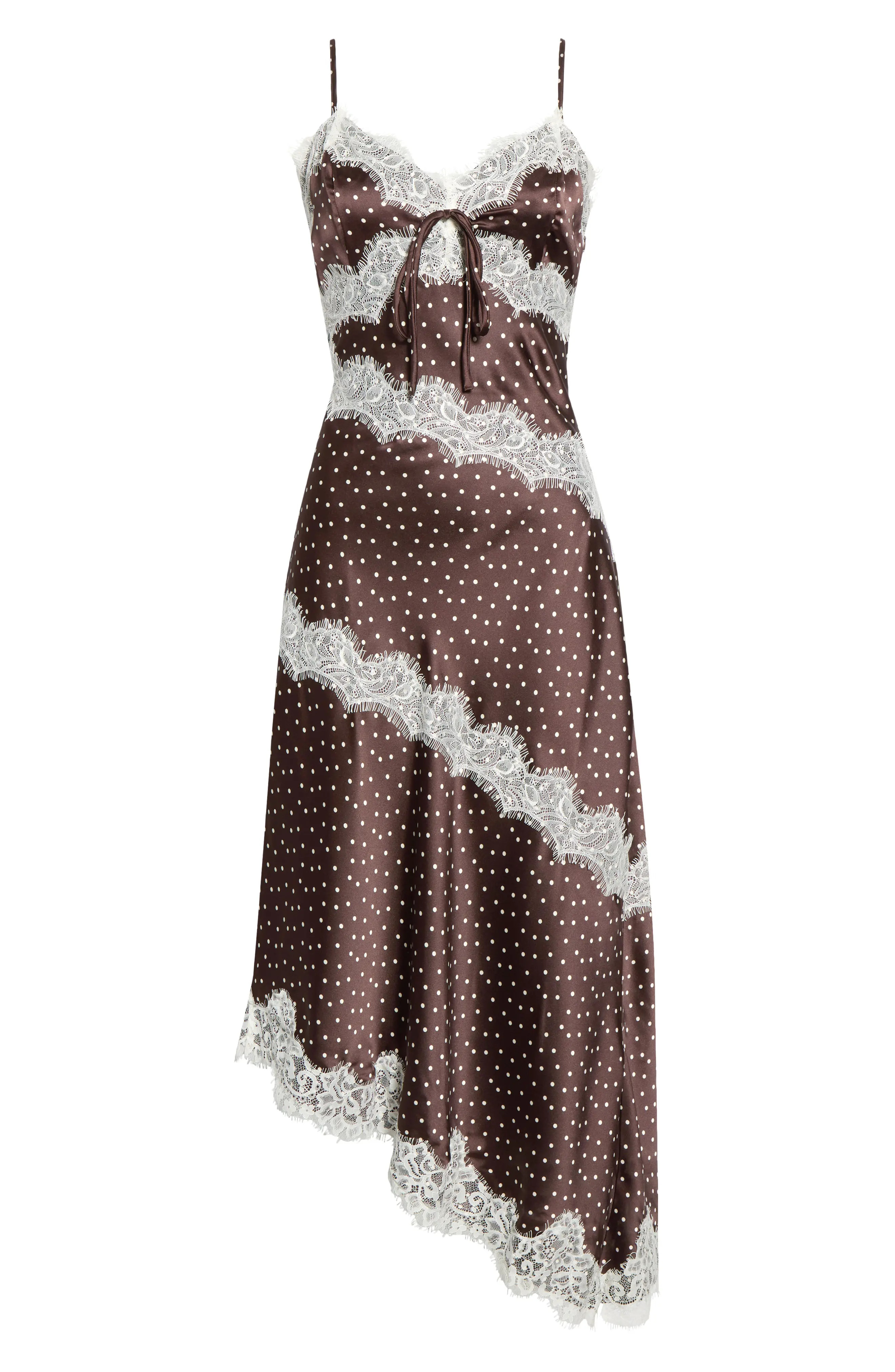 KITTENISH Lace Trim Satin Asymmetric Midi Dress (Women) | Nordstrom | Nordstrom