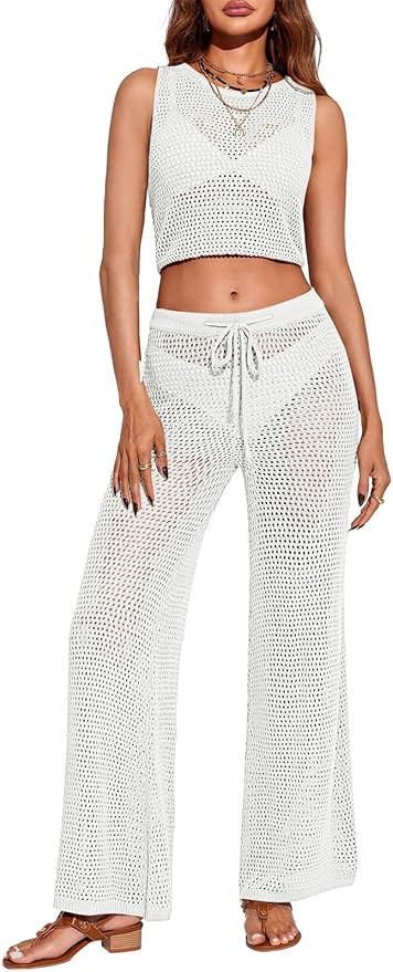 Saodimallsu Womens 2 Piece Crochet Swimsuit Cover Up Sleeveless Crop Top Drawstring Long Pants Se... | Amazon (US)