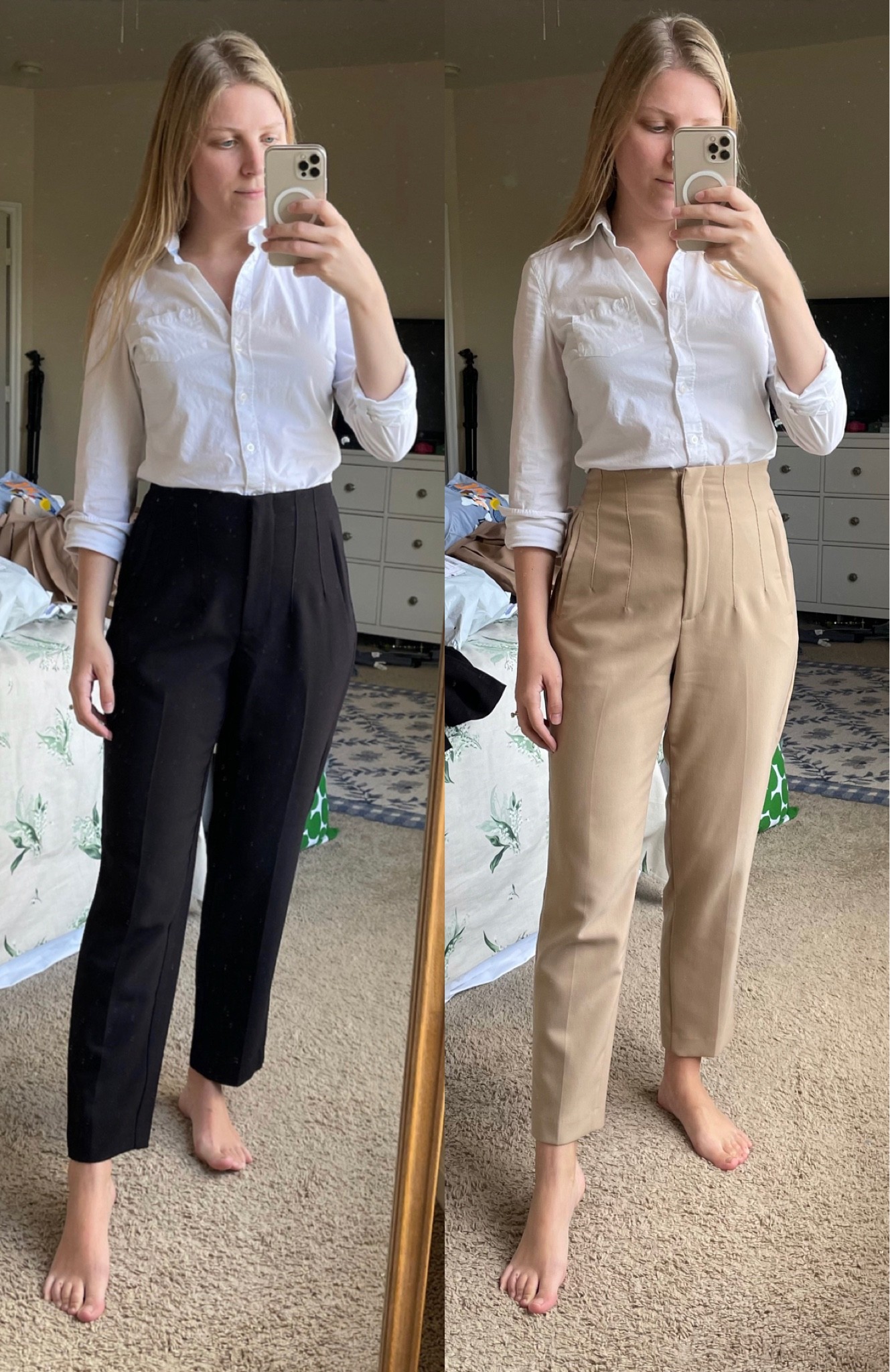 Kohls High Waist Tailored Pants (Black-Left) vs Zara High Waisted Pants (Tan-Right)
Kohls Pants run TTS 
Zara Pants run small (size up 1)

#LTKunder50 #LTKSeasonal #LTKworkwear