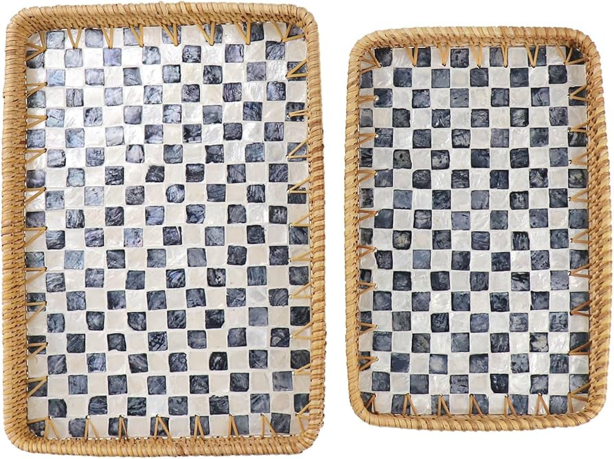 Rectangle Rattan Serving Tray with Mother of Pearl Inlay, Handmade Wicker Coffee Table Basket for... | Amazon (US)