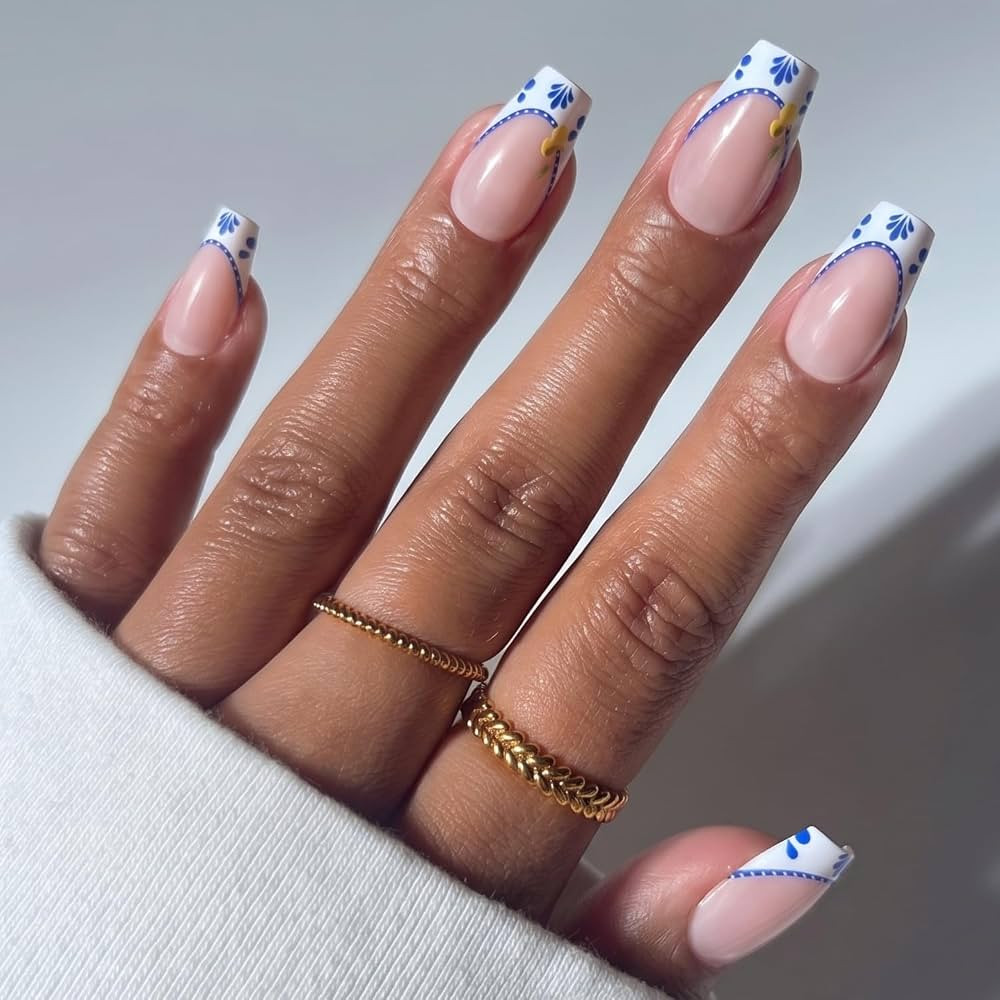 Glamnetic Press On Nails - Medium Coffin Fake Nails with Blue & White French Tips | Salon Quality... | Amazon (US)