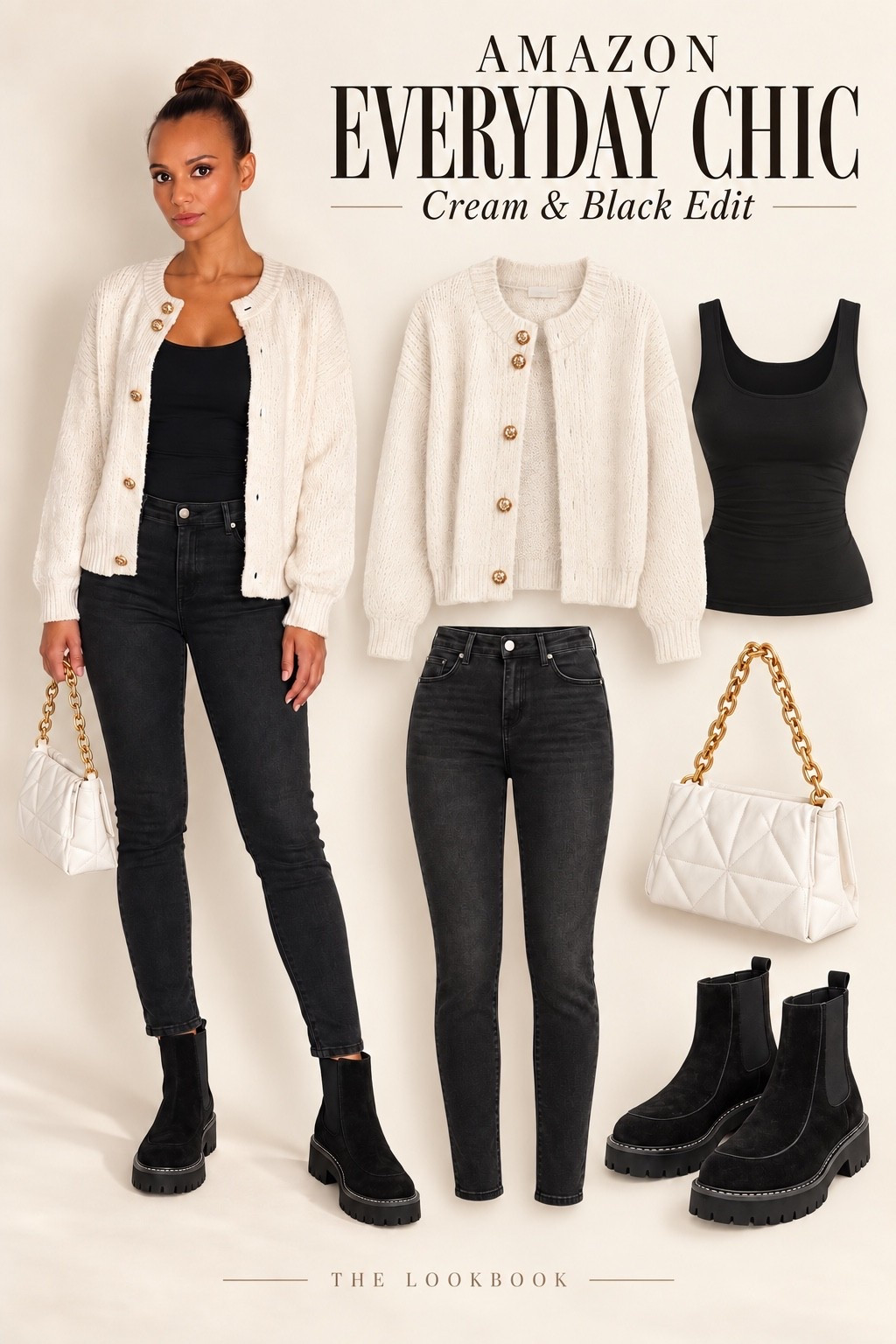 Easy Amazon fall outfit 🤍 A cream cardigan with gold buttons, black tank top, dark skinny jeans, and chunky Chelsea boots make the perfect casual chic combo. Finished with a white quilted chain bag for a polished everyday look—from coffee runs to weekend outings. Shop the look below!

#LTKStyleTip #LTKFindsUnder100 #AmazonFashion #FallOutfits #CardiganOutfit #CasualChic