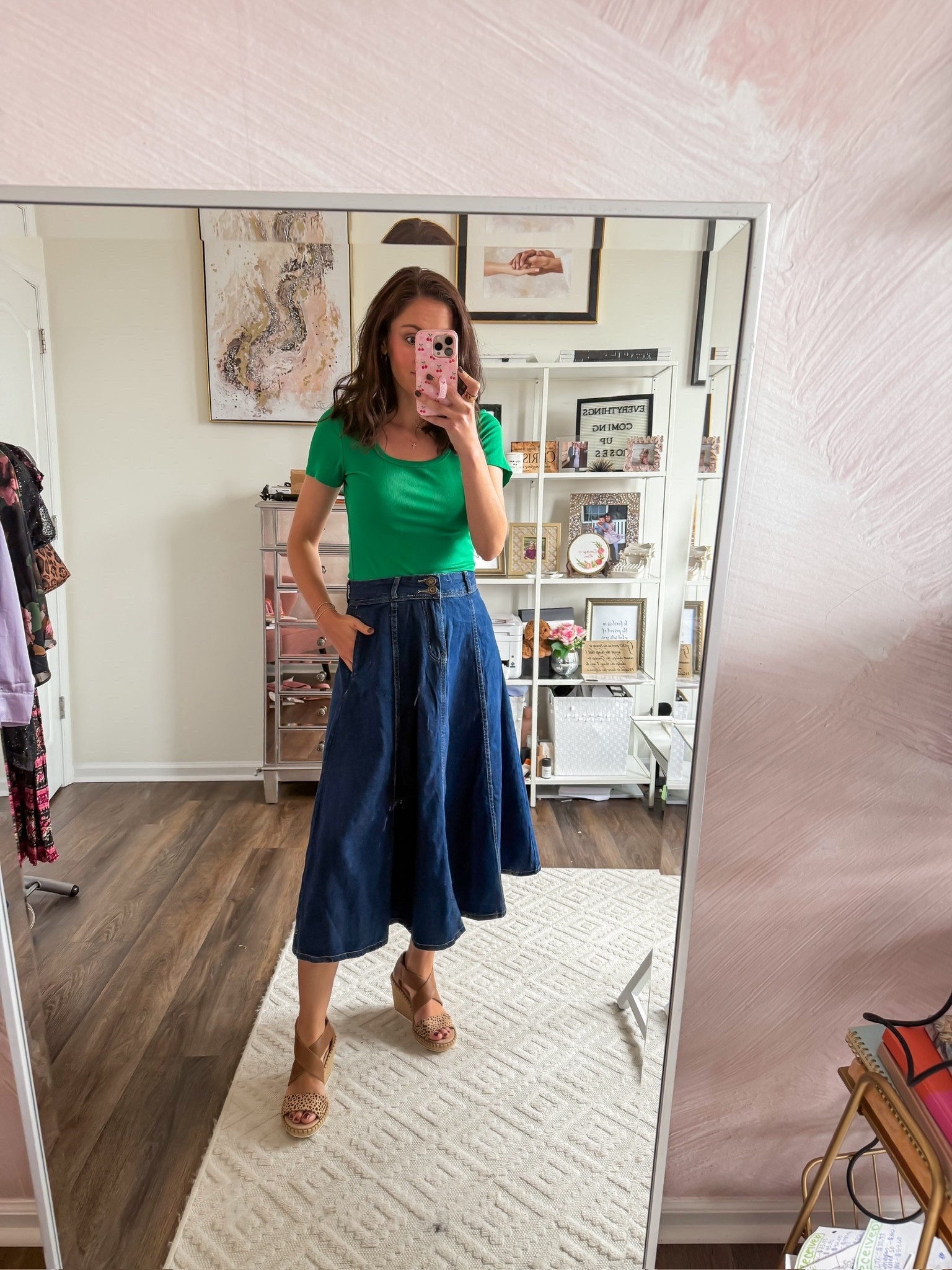 Spring outfit with midi denim a-line skirt 

#LTKfindsunder50 #LTKSeasonal #LTKstyletip