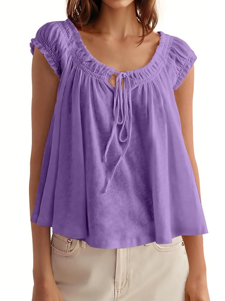 Tankaneo Women Summer Tie Front Tank Tops Cap Sleeve Pleated Babydoll Tops Casual Loose Fit Going... | Amazon (US)