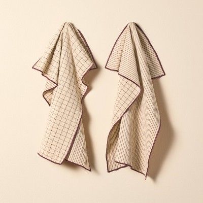 2ct Reversible Grid/Stripe Kitchen Towels Natural/Burgundy - Hearth & Hand™ with Magnolia | Target