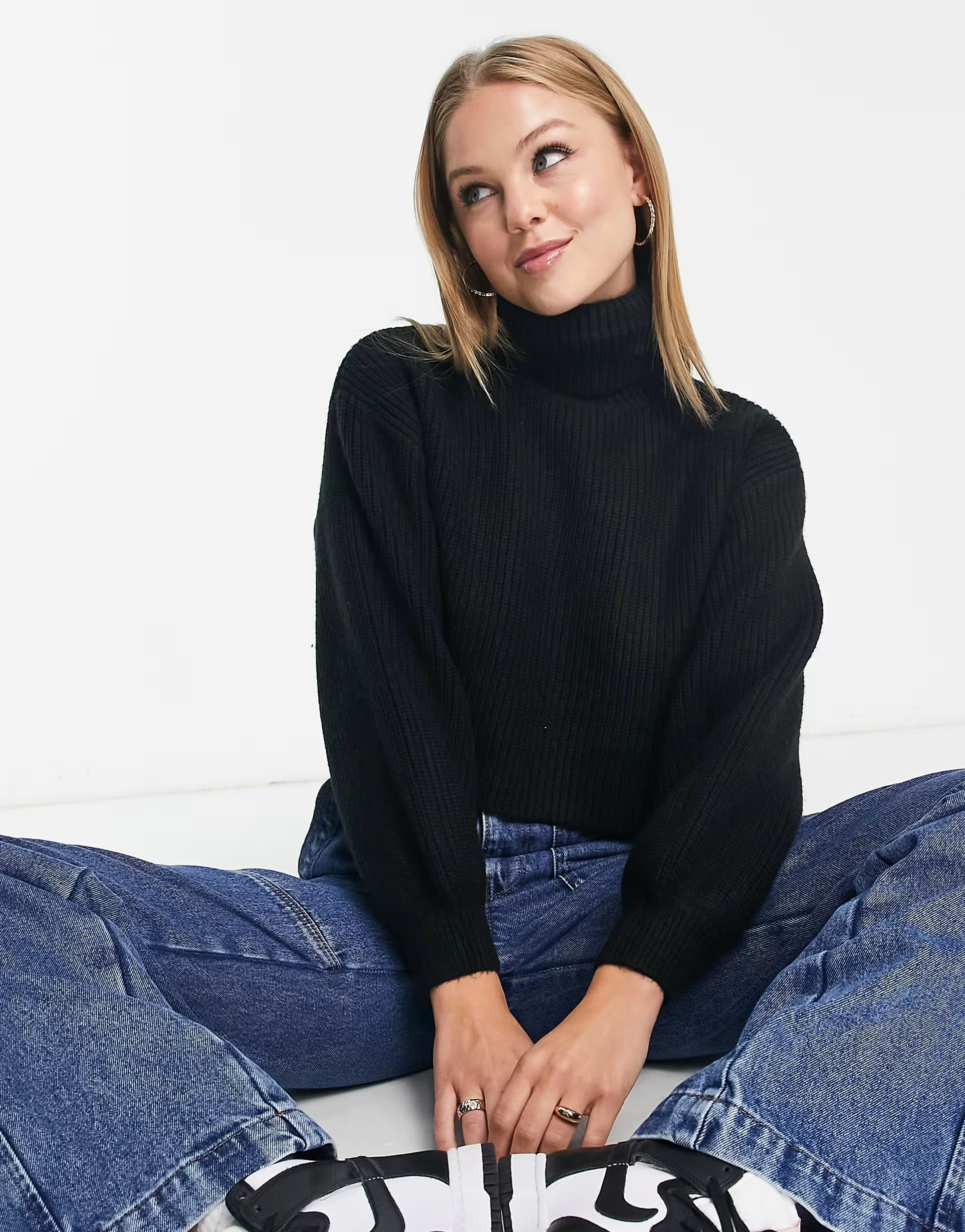 Monki turtle neck sweater with balloon sleeves in black knit | ASOS (Global)