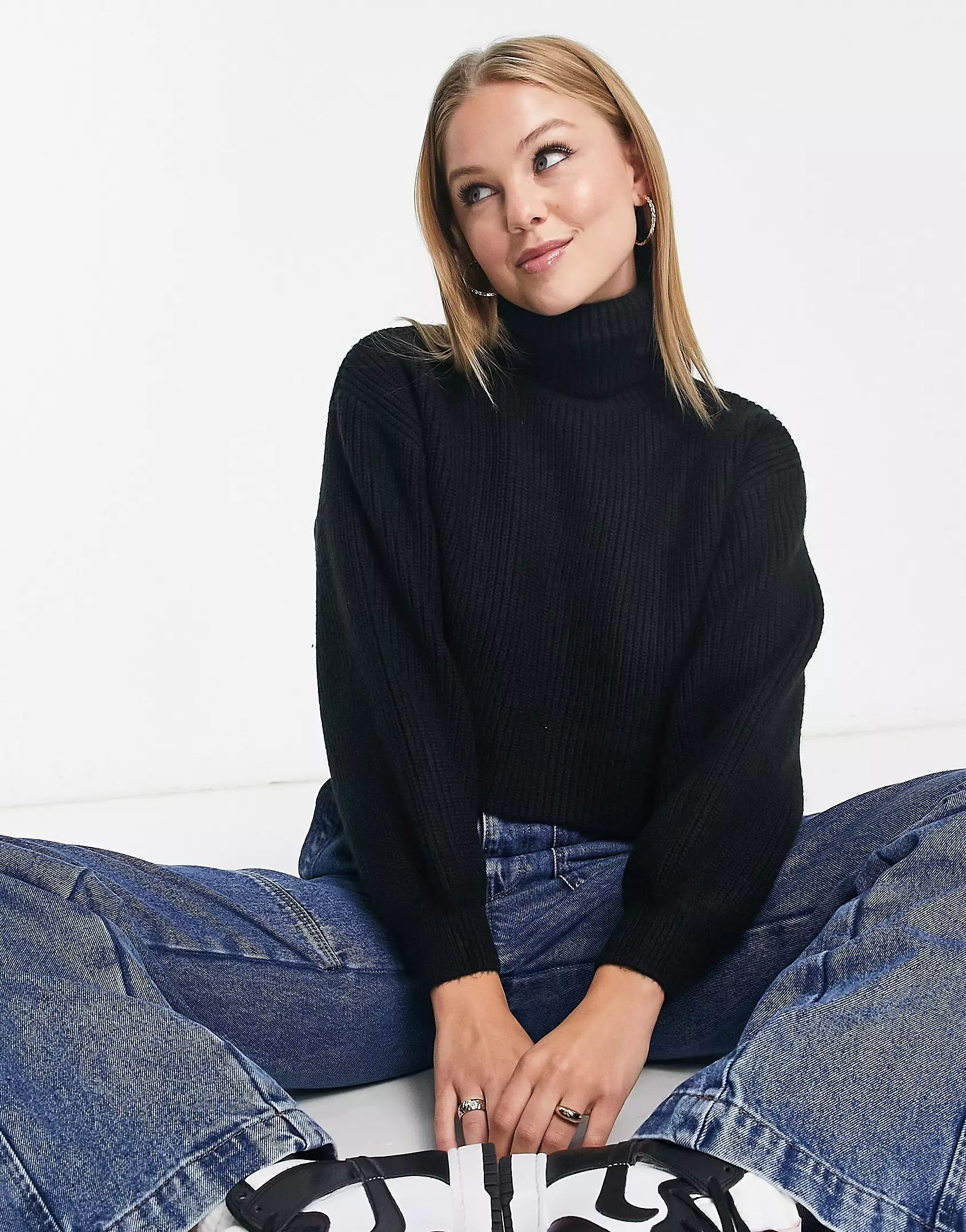 Monki turtle neck sweater with balloon sleeves in black knit | ASOS (Global)