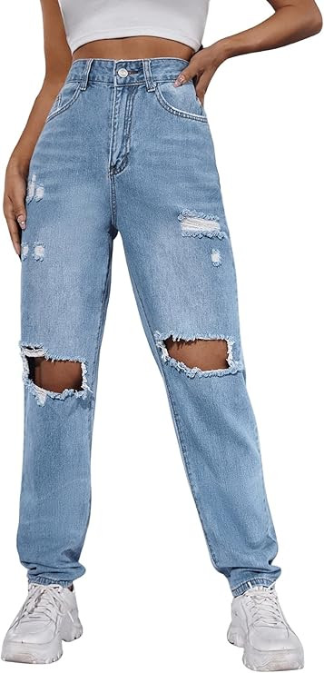 SweatyRocks Women's Ripped Boyfriend Jeans Distressed Denim Ankle Length Jeans | Amazon (US)