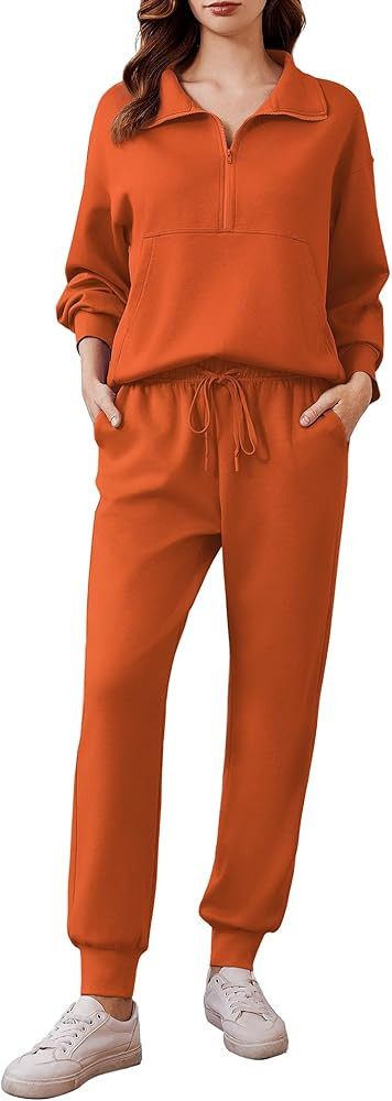 PINSPARK 2 Piece Sets for Women 2024 Fall Travel Outfits Long Sleeve Tracksuit Joggers Sets Half ... | Amazon (US)