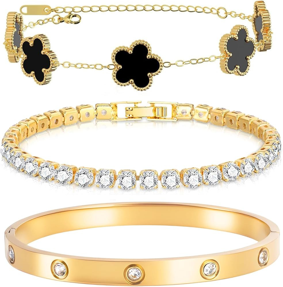 Gold Bracelets for Women-4Pcs/3Pcs,18K Gold Plated Bangle Tennis Bracelets Stack Set for Women Tr... | Amazon (US)