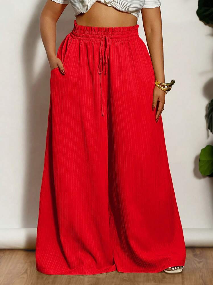 Slaydiva Plus Size Women Holiday Textured High Waisted Wide Leg Pants,Summer Pants | SHEIN