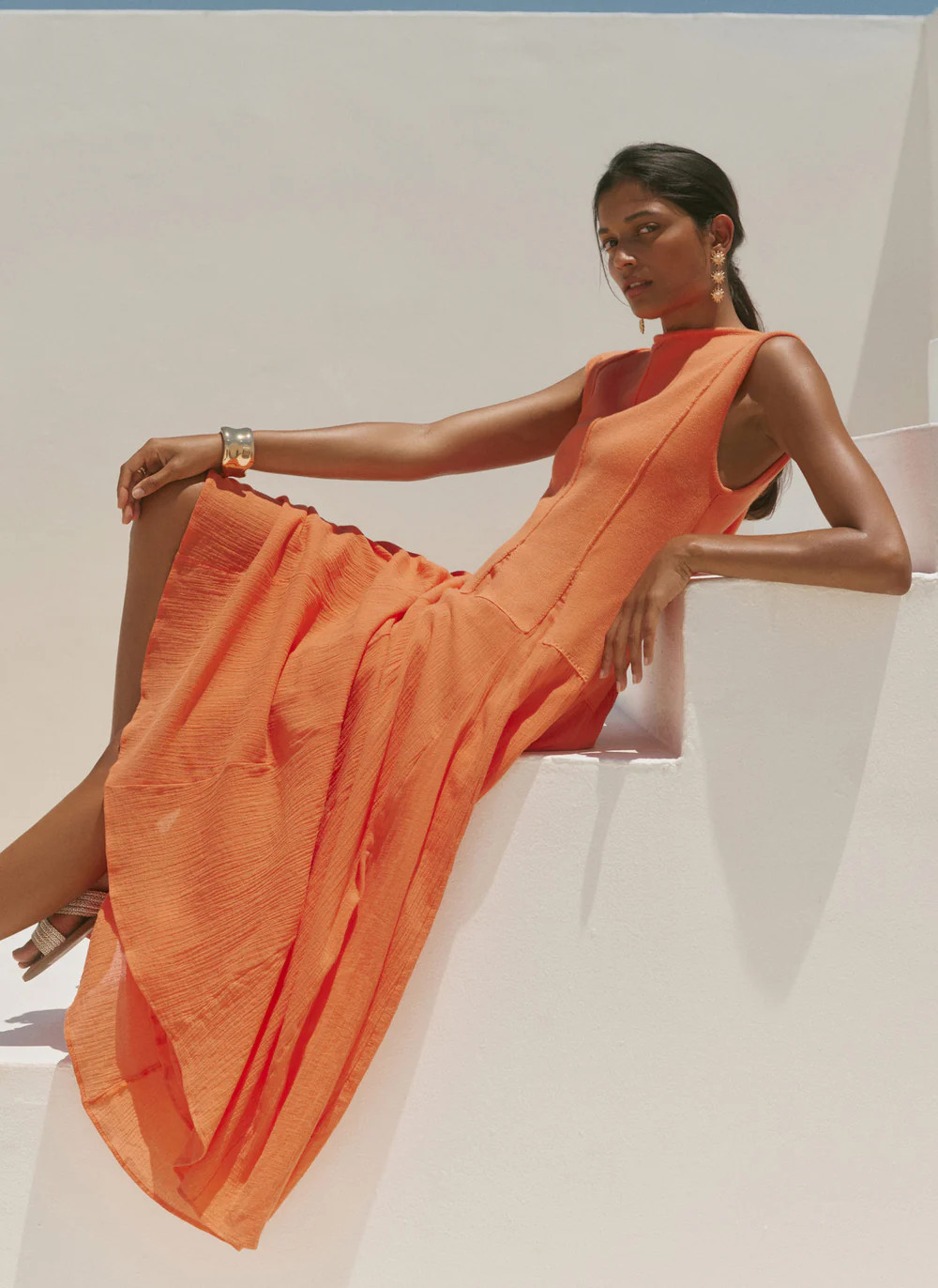 Orange Cotton Blend Drop Waist Maxi Dress | Mint Velvet