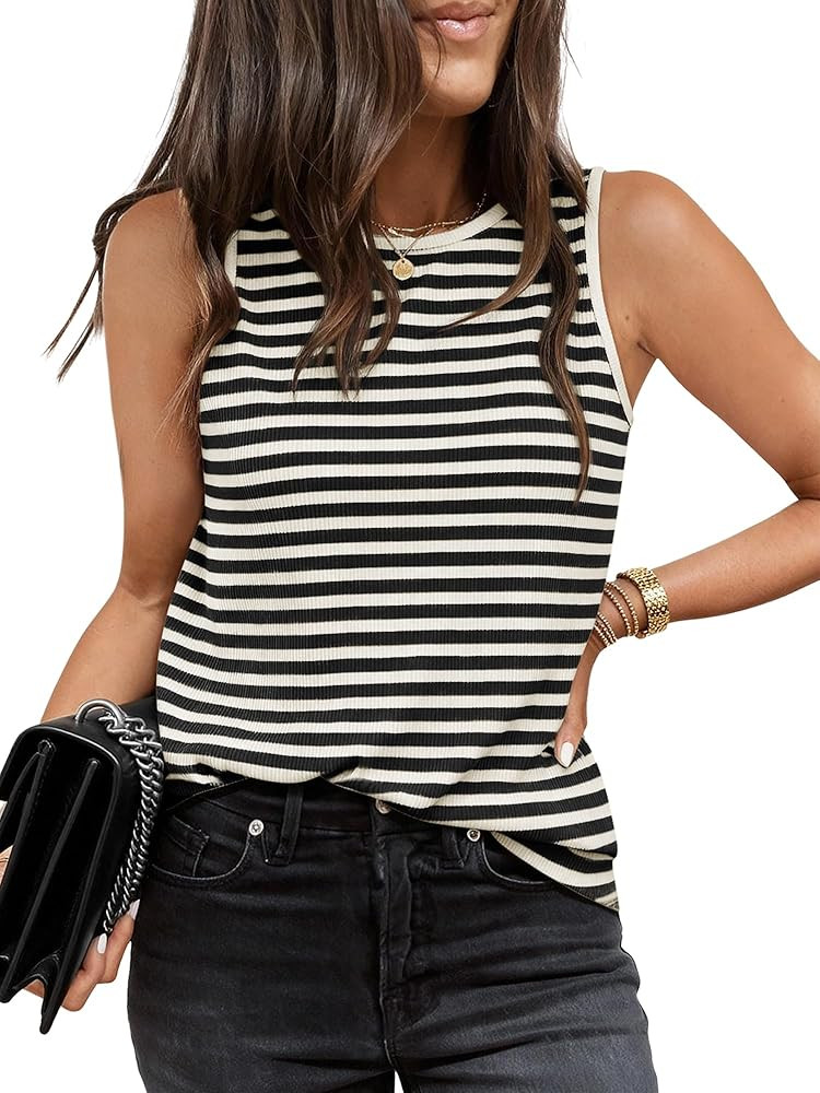 COCCKO Tank Top for Women 2026 Summer High Neck Sleeveless Striped Shirt Button Hollow Back Fitte... | Amazon (US)