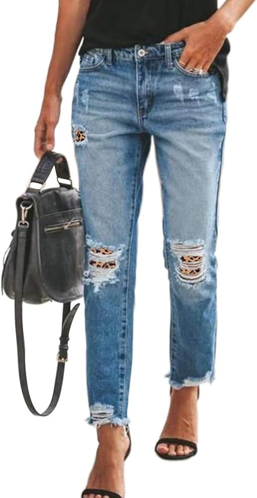 Sidefeel Women Patchwork Destroyed Raw Hem Jeans Ripped Hole Denim Pants | Amazon (US)