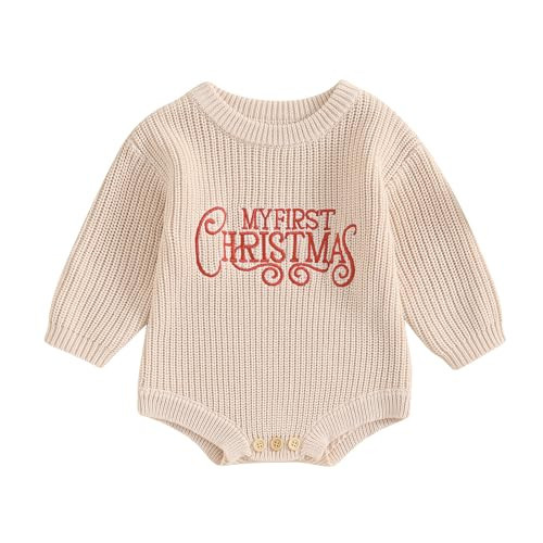 BULINGNA Newborn Infant Baby Girl Boy My First Christmas Sweater Romper Long Sleeve Cable Knit Oversized Bubble Onesie Outfit (Beige, 6-9 Months) | Amazon (US)
